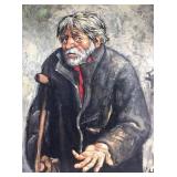 Oil on Canvas Portrait of Man with Crutch, signed