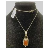 .925 Silver Amber Pendant, 16in Chain.