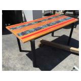 Wood top table with metal frame, approx 30x66