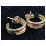 18K Gold Earrings ruby and diamonds 3.2g