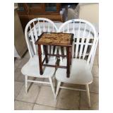 2 white wood dining chairs w/side table