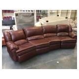 Brown leather curve couch w/recliner, approx 10