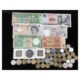 bag of foreign coins and currency