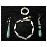 14K Gold jade bracelet earrings and ring sz7