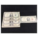 4-$1 Silver certificates & $2 bills