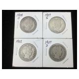 4-Silver barber half dollars