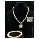 Pearl necklace earrings and bracelet