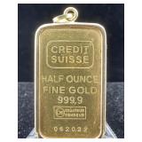 1/2 oz 999 Gold credit swiss ingot 18K bezel 16.2g