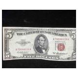 1953 Red seal $5 bill US currency
