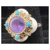 14K Gold ring Amethyst and Turquoise 6.1g sz 8