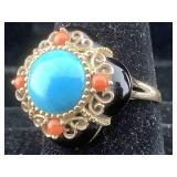 14K Gold Ring Turquiose coral onyx 6.4 g sz 9