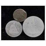 1858 Flying cent 1877seated liberty half &1876quat