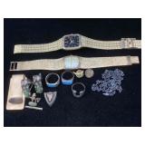 Bag of costume jewlery watches some silver rings