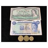 Bag of foreign currency and coins