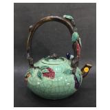 Large Majolica Bird on Branch Teapot. 13in H