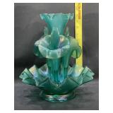Fenton 4 Horn Iridescent Green Epergne. 13in H