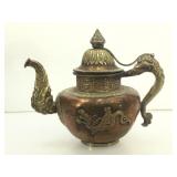 Brass and Copper Dragon Tibetan Teapot. 10 in.