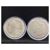 1921-D and 1921-P Morgan Silver Dollars in cases