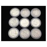 9 Silver 90% Half Dollars - Barber, Walker,