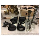 Decorative bowls, glass bell decanters, metal