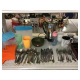 Electric coffee pot, assorted flatware, mugs and