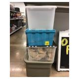 Stack of storage bins.