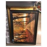 Framed wall mirror and 2 tree prints. Framed wall mirror and 2 tree prints.