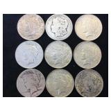 9- SILVER MORGAN & PEACE SILVER DOLLARS, 9 x $