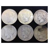 6- SILVER PEACE DOLLARS, VARIOUS YEARS, 6 x $