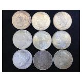 9- SILVER PEACE DOLLARS,VARIOUS YEARS, 9 x $