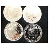 4- 1 OZ FINE SILVER Britannia  2 pound coins, 4 x