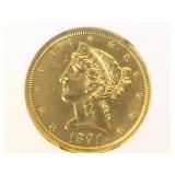 1891-CC GOLD $5 LIBERTY HEAD, ANACS EF40