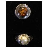 2- Sterling rings , 1- Pearl & 1-Amber, size 7