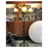 Ornate iron lamp, 4 art glass shades, inset