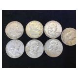 7- SILVER FRANKLIN HALF DOLLARS, 7 x $
