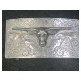 Sterling bull belt buckle, missing 1 stone eye,