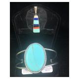 Sterling, turquoise & stone inlay pendant &