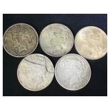 5- SILVER PEACE DOLLARS, 5 x $