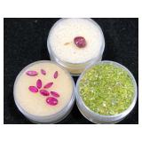 Ramekin of rubies, ramekin of green gemstones &