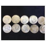 10- 1964 SILVER KENNEDY HALF DOLLARS, 10 x $