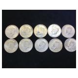 10- 1964 SILVER KENNEDY HALF DOLLARS, 10 x $
