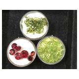 3- ramekins of gemstones, 1- ruby 2- green