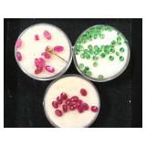 3- ramekins of gemstones, 2- ruby, 1- green