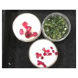 3- ramekins of gemstones, 2- rubies, 1-green