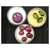 3- ramekins of gemstones, 2- purple, 1- green