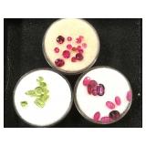 3- ramekins of gemstones, 2- ruby 1- green