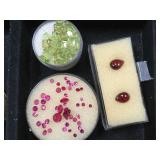 3- ramekins of gemstones,2-ruby, 1- green