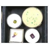 4- ramekins of gemstones, green yellow & purple