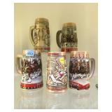 4 Budweiser beer steins & 1 Strohs