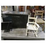 Metal trunk, monitor & 2 children